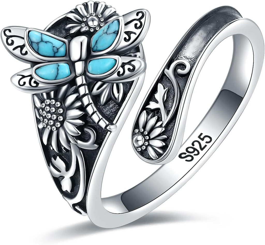 Anello a Cucchiaio in Argento Sterling con Turchese – Anello Vintage Boho con Libellula