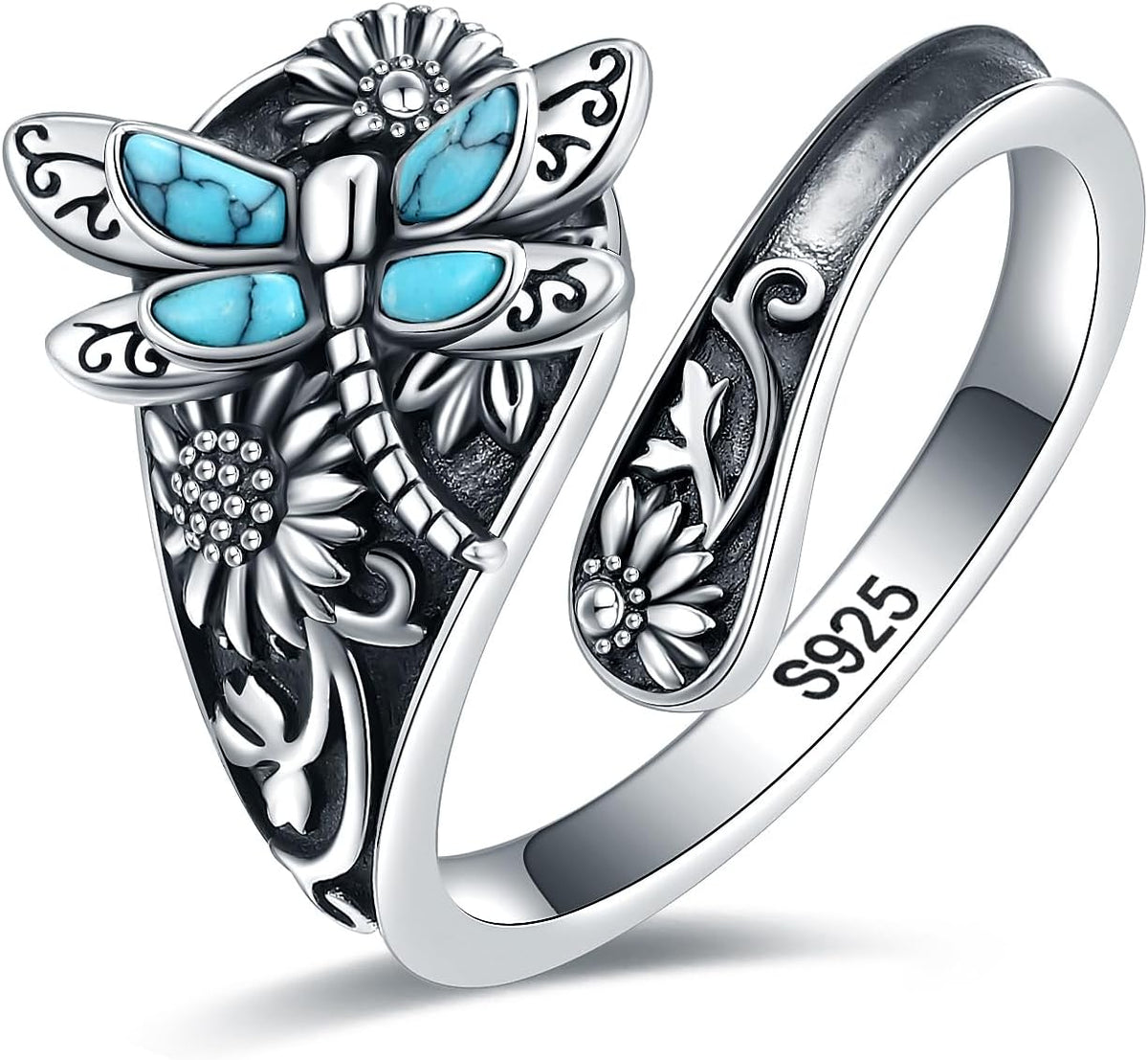 Anello a Cucchiaio in Argento Sterling con Turchese – Anello Vintage Boho con Libellula