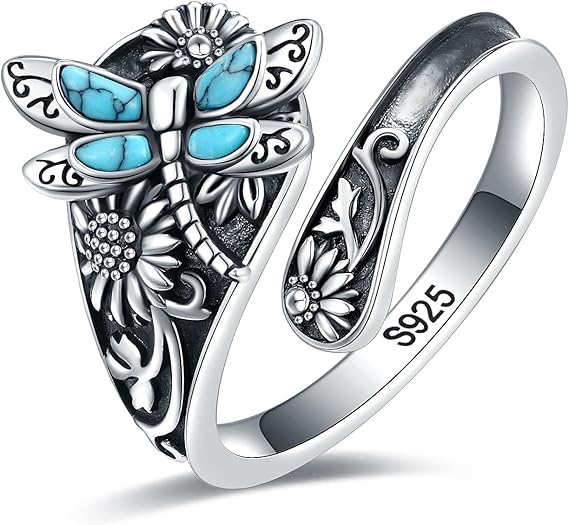 Anello a Cucchiaio in Argento Sterling con Turchese – Anello Vintage Boho con Libellula