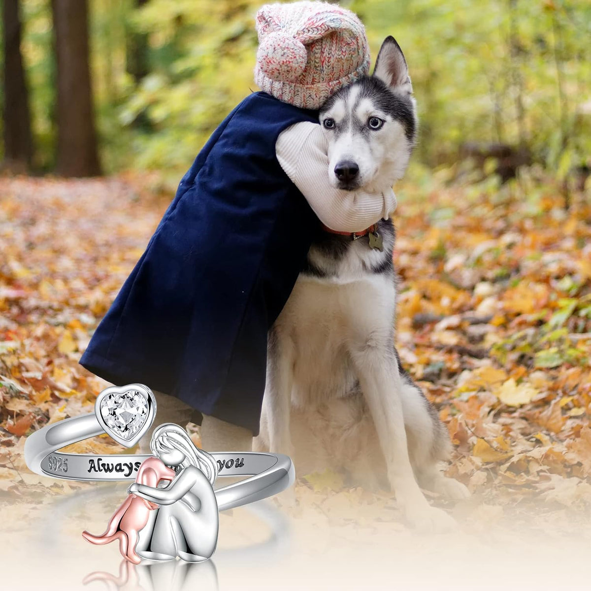 Anello Regolabile per Cani in Argento Sterling 925 – “Sempre nel Mio Cuore” con Zirconia