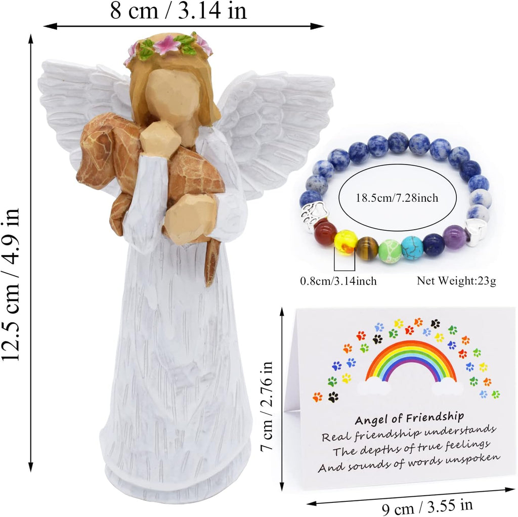Set Regalo in Memoria del Cane con Figurina dell'Angelo dell'Amicizia e Bracciale Chakra del Ponte Arcobaleno
