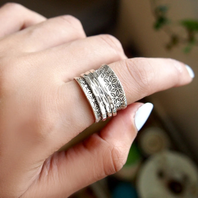 Anello Vintage Boho Floreale Larghezza in Argento Placcato