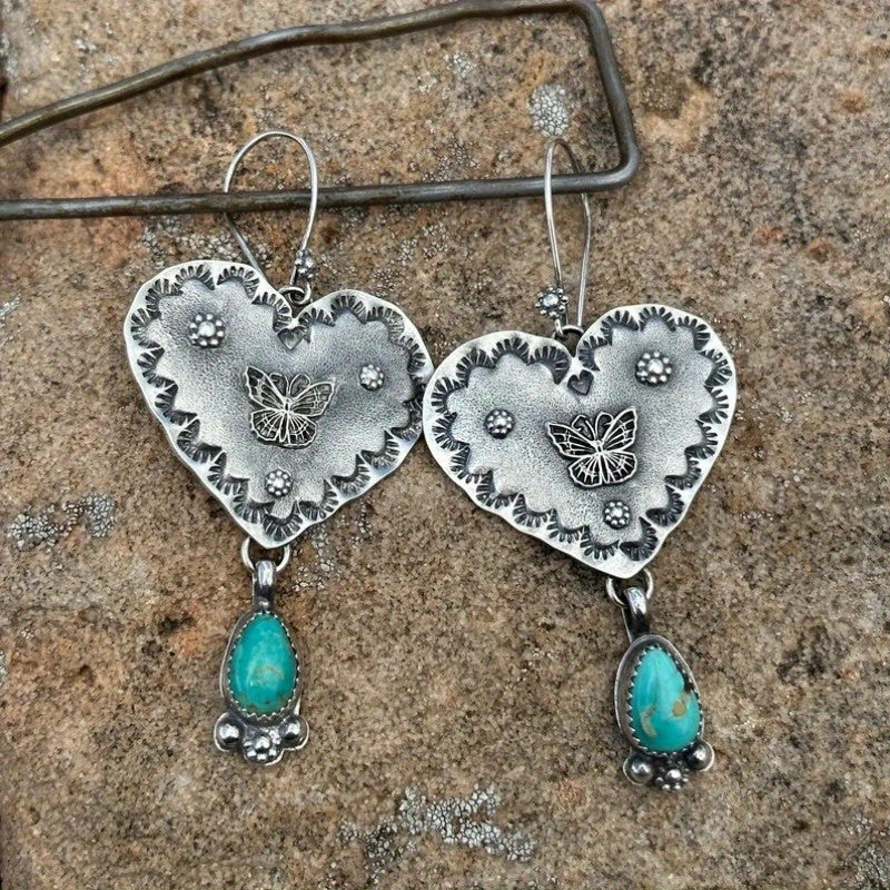Orecchini a Farfalla a Cuore Turchese Boho in Argento