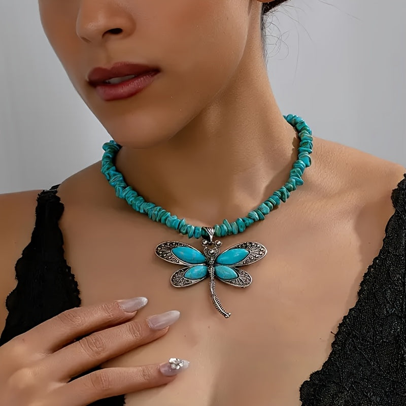 Collana con Pendente a Libellula Vintage Boho in Turchese
