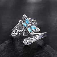 Anello a Cucchiaio in Argento Sterling con Turchese – Anello Vintage Boho con Libellula