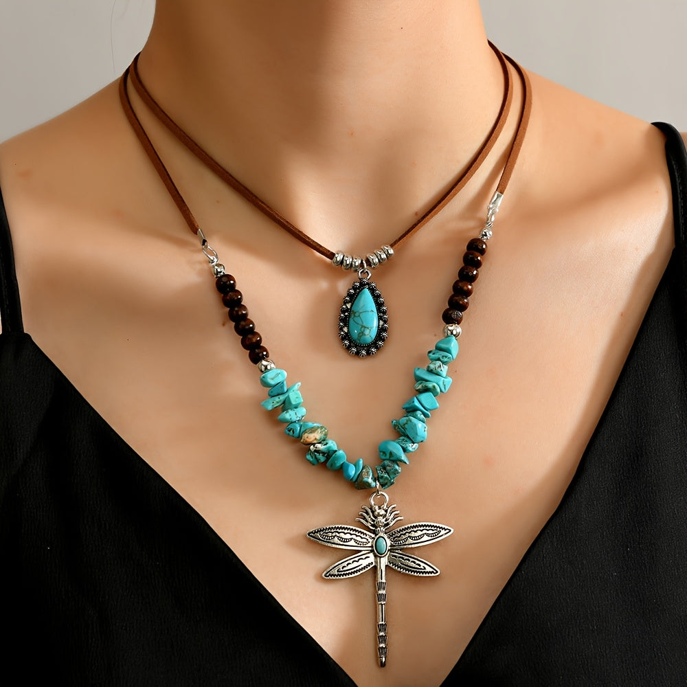 Collana a strati Bohemien in Turchese con Libellula in Due Pezzi