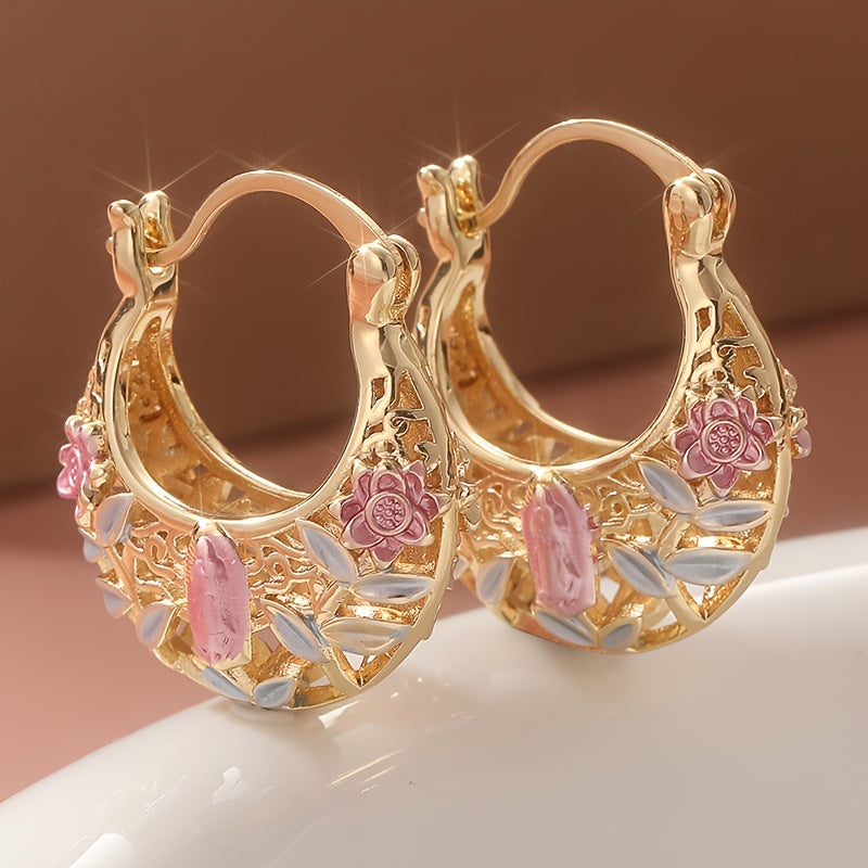 Orecchini a cerchio vintage boho in oro placcato con fiori rosa