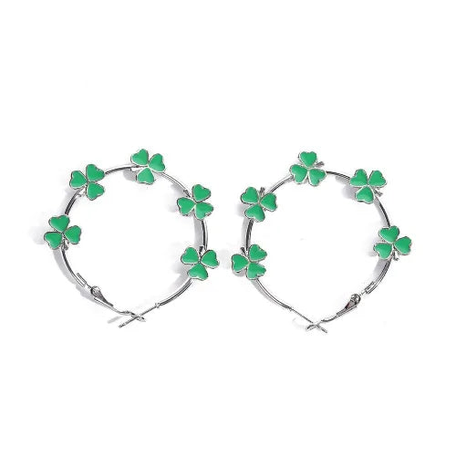 Orecchini a Cerchio Vintage Bohemien Placcati Argento con Fiori Verdi