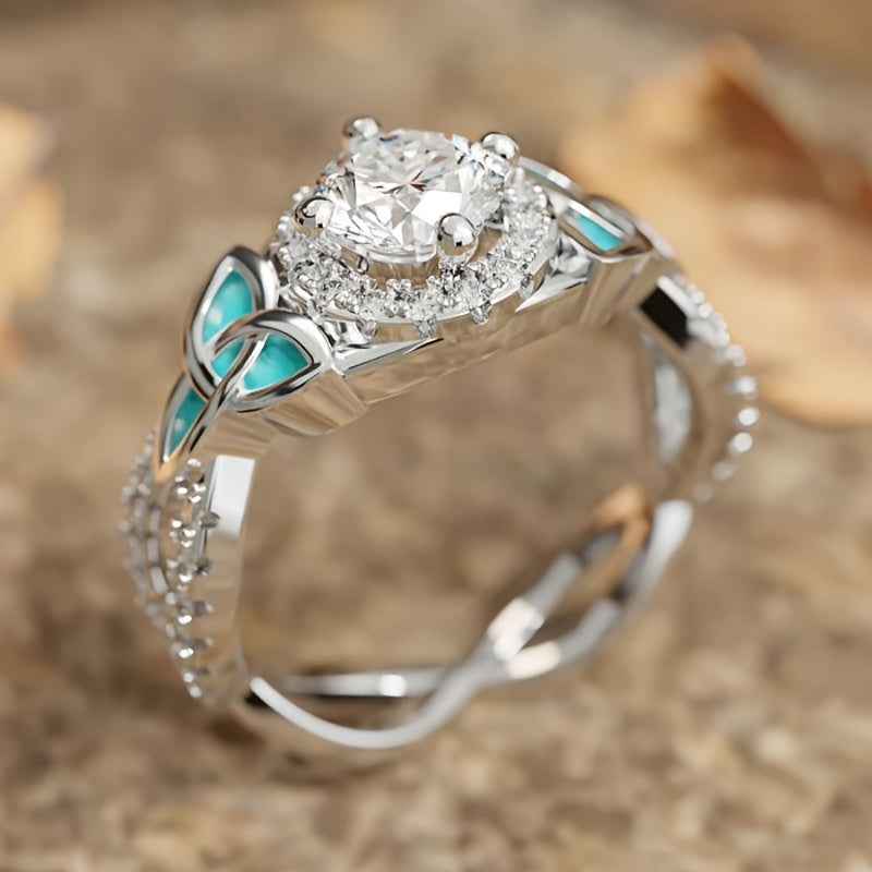Anello Elegante Bohemien con Foglia Turchese e Zirconia Cristallina