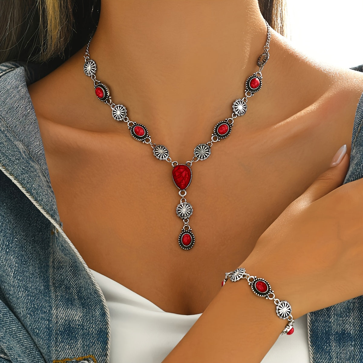 Set di Collana e Bracciale Floreale Bohemien Turchese
