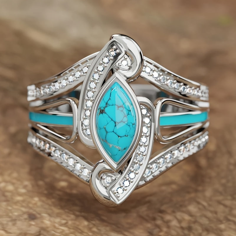 Anello in Turchese Placcato Oro Bianco Bohemien