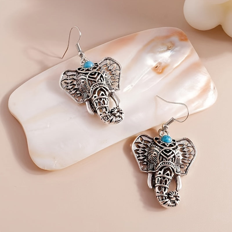 Orecchini a pendente Boho in argento placcato con elefante turchese vintage