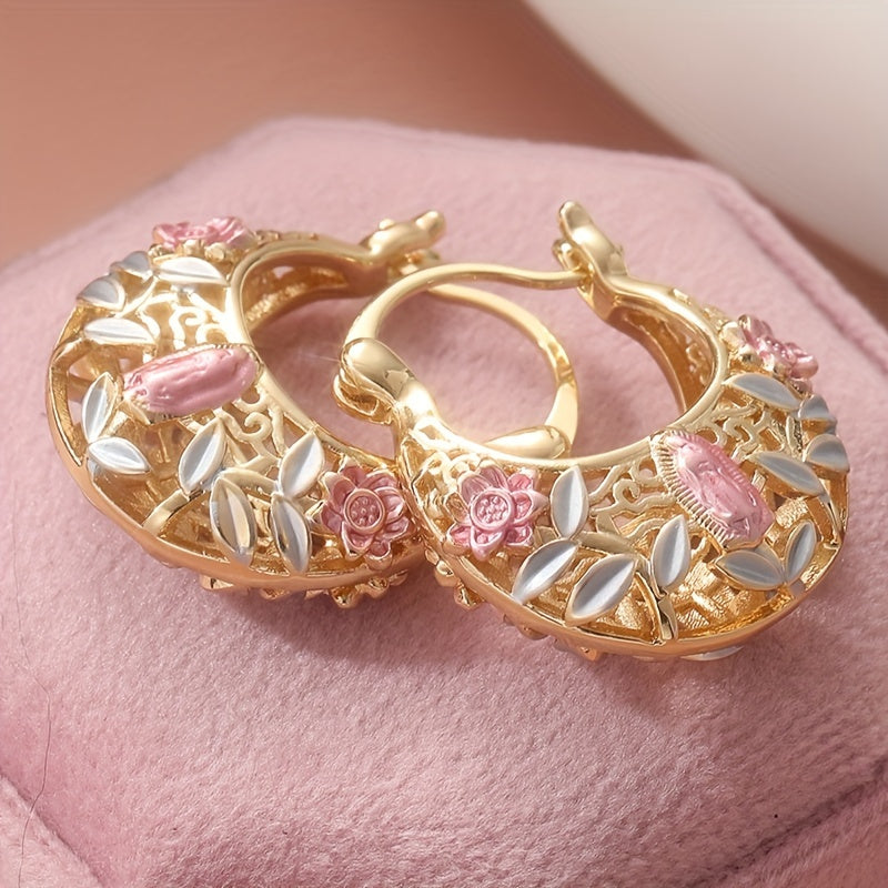 Orecchini a cerchio vintage boho in oro placcato con fiori rosa