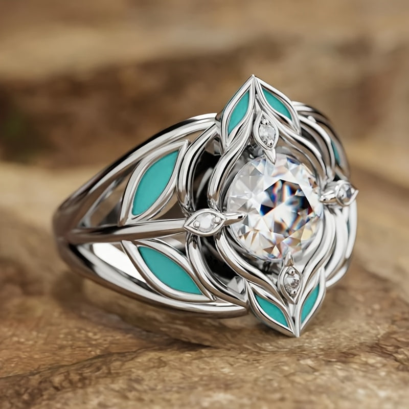 Anello Elegante Bohemien con Foglia Turchese e Zirconia Cristallina