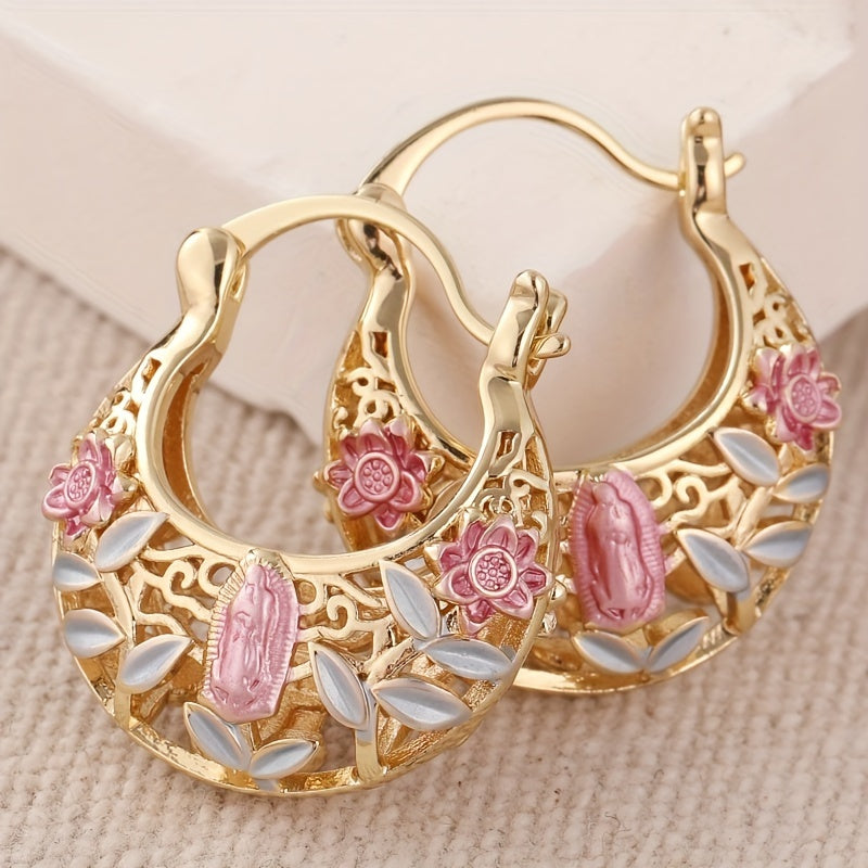Orecchini a cerchio vintage boho in oro placcato con fiori rosa