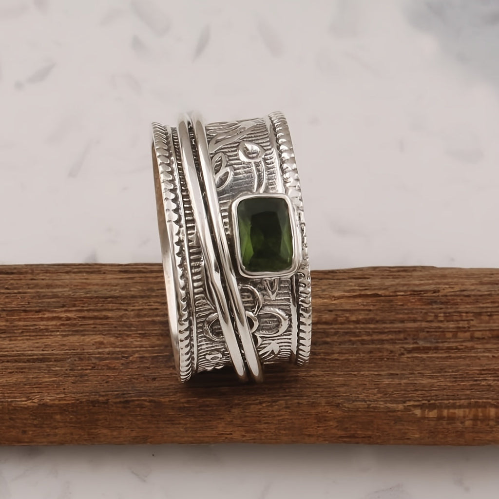 Anello Vintage Bohemien a Banda Larga Placcato Argento con Zirconia