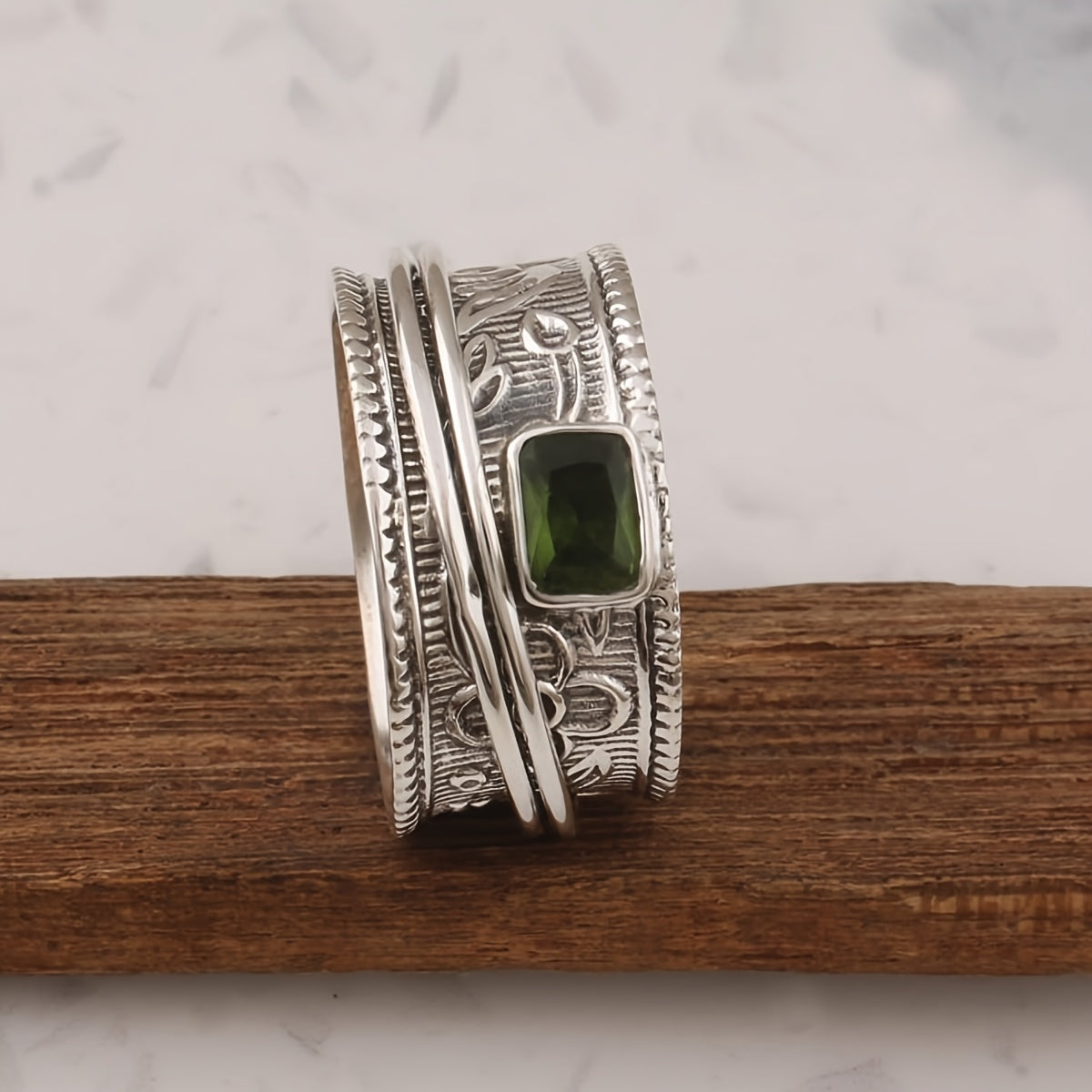 Anello Vintage Bohemien a Banda Larga Placcato Argento con Zirconia