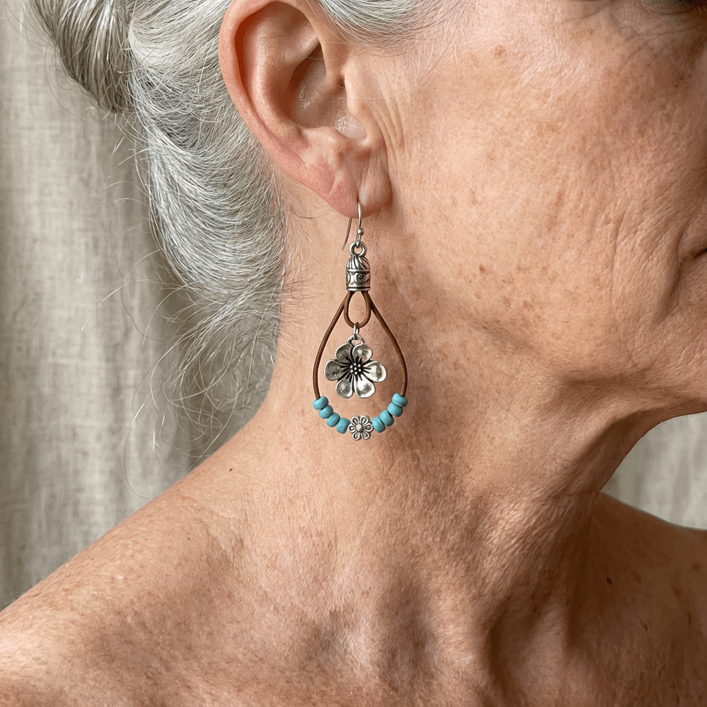 Orecchini a Goccia in Perline Turchesi con Fiori di Prugno Bohemien