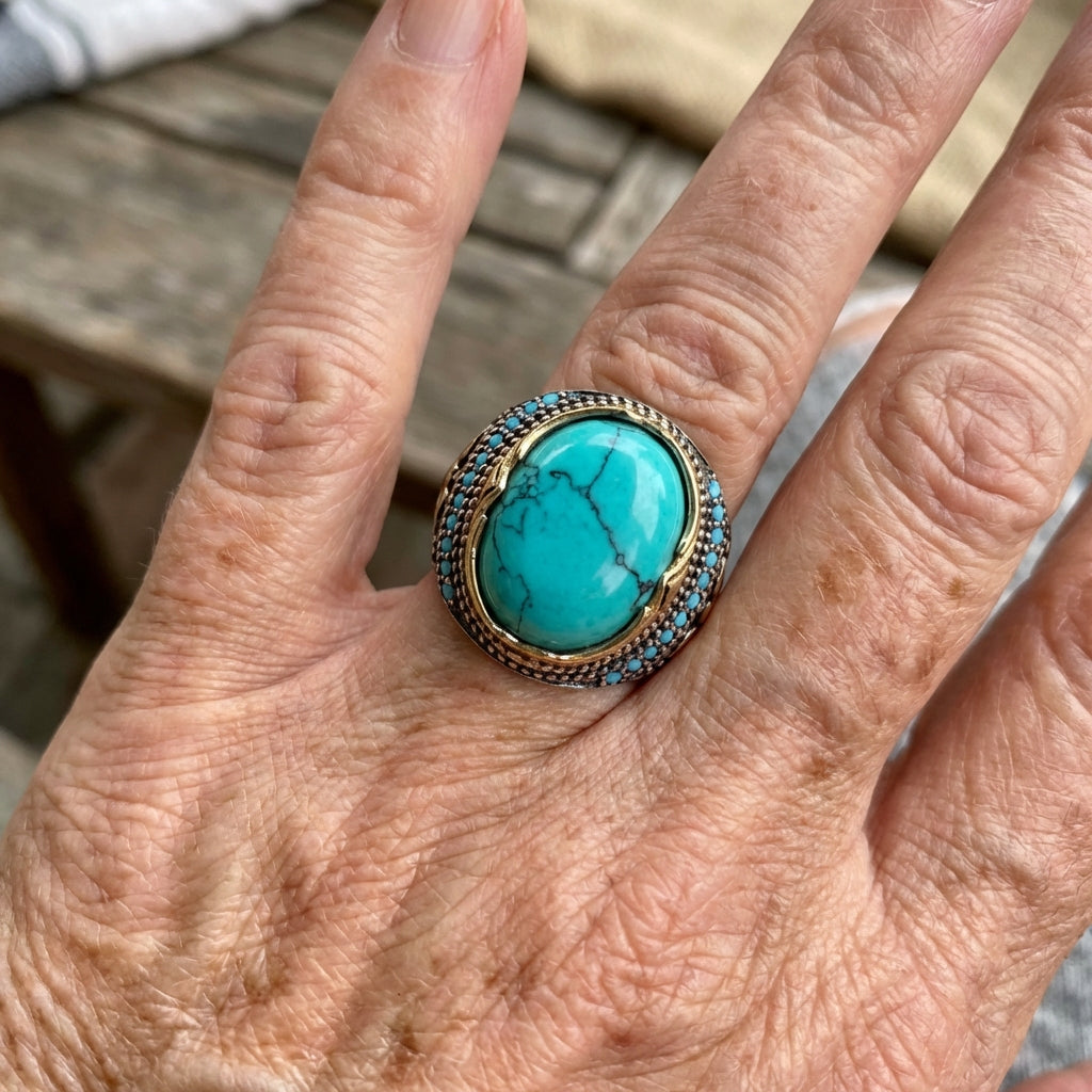 Anello Bohemien Retro Larghezza Turchese Placcato Argento