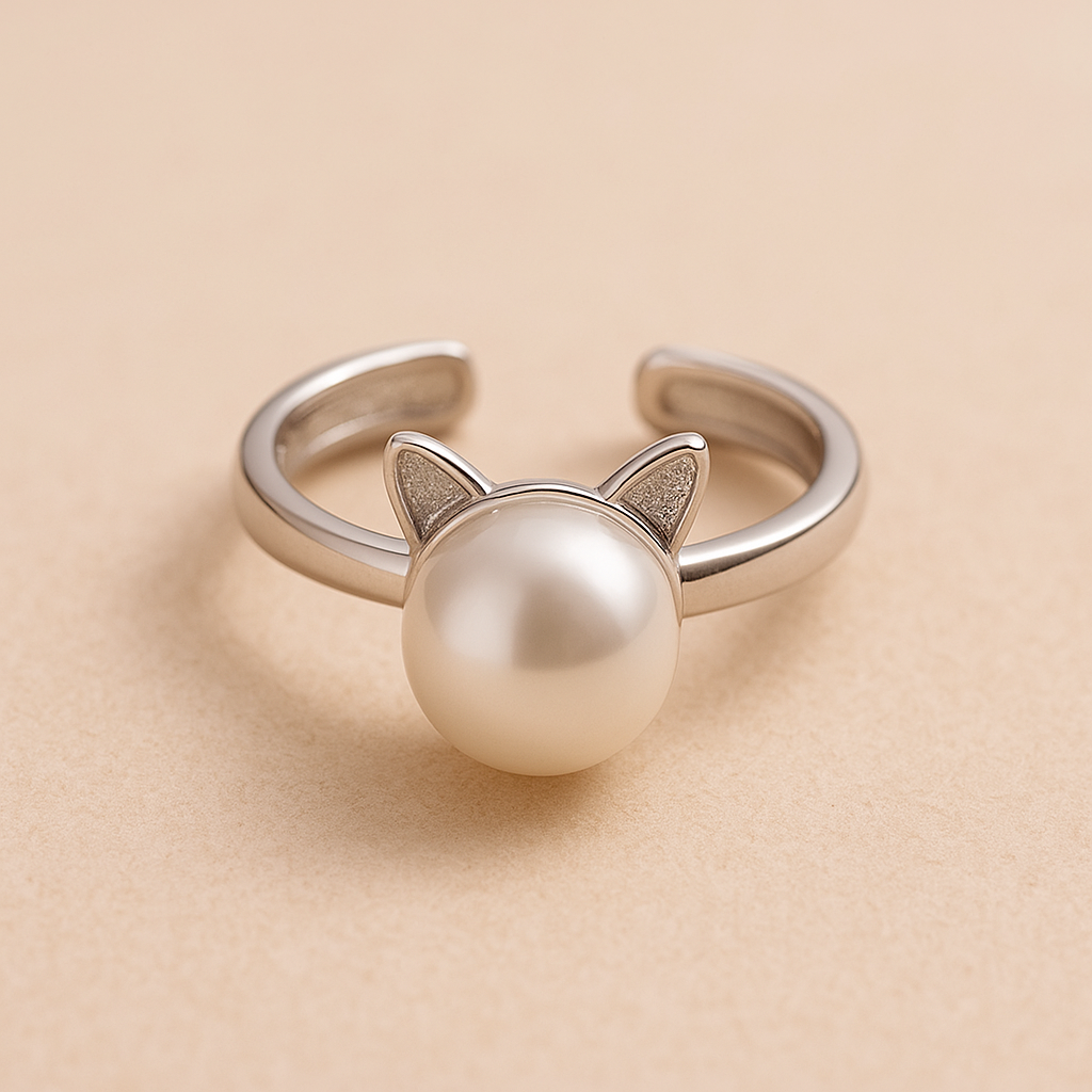 Bellissimo Collana con Gatto di Perla con Orecchini e Anello in Omaggio