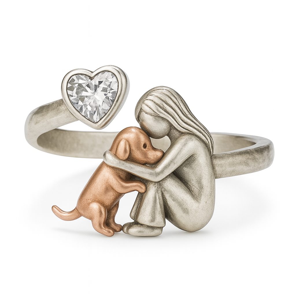 Anello per Cani in Argento Sterling 925 Fatti a Mano con Zirconia a Forma di Cuore – Misura Regolabile