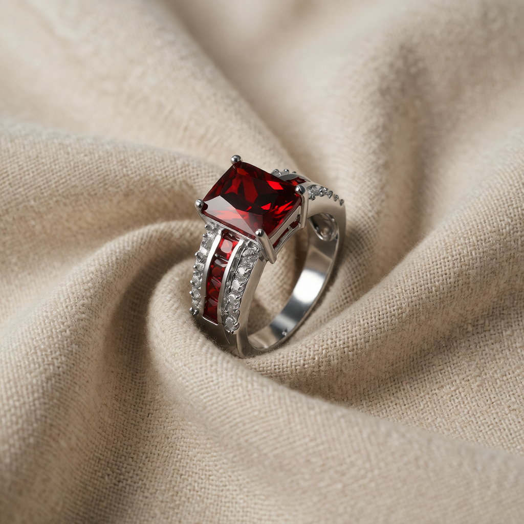 Anello in Argento con Rubino a Due Tubi