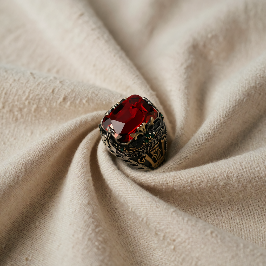 Anello Signet Ornato in Argento e Rubino