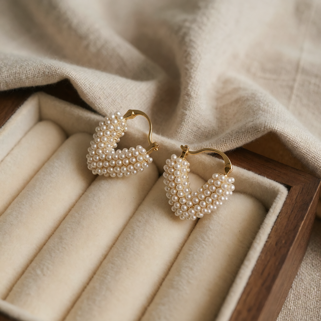 Orecchini Huggie a Forma di Cuore con Perline
