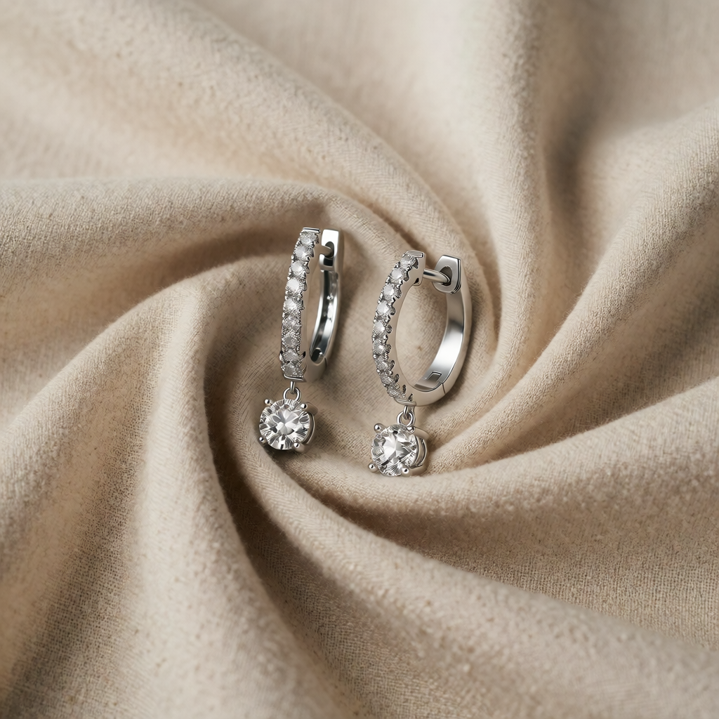 Orecchini in Oro Bianco con Moissanite a Taglio Rotondo