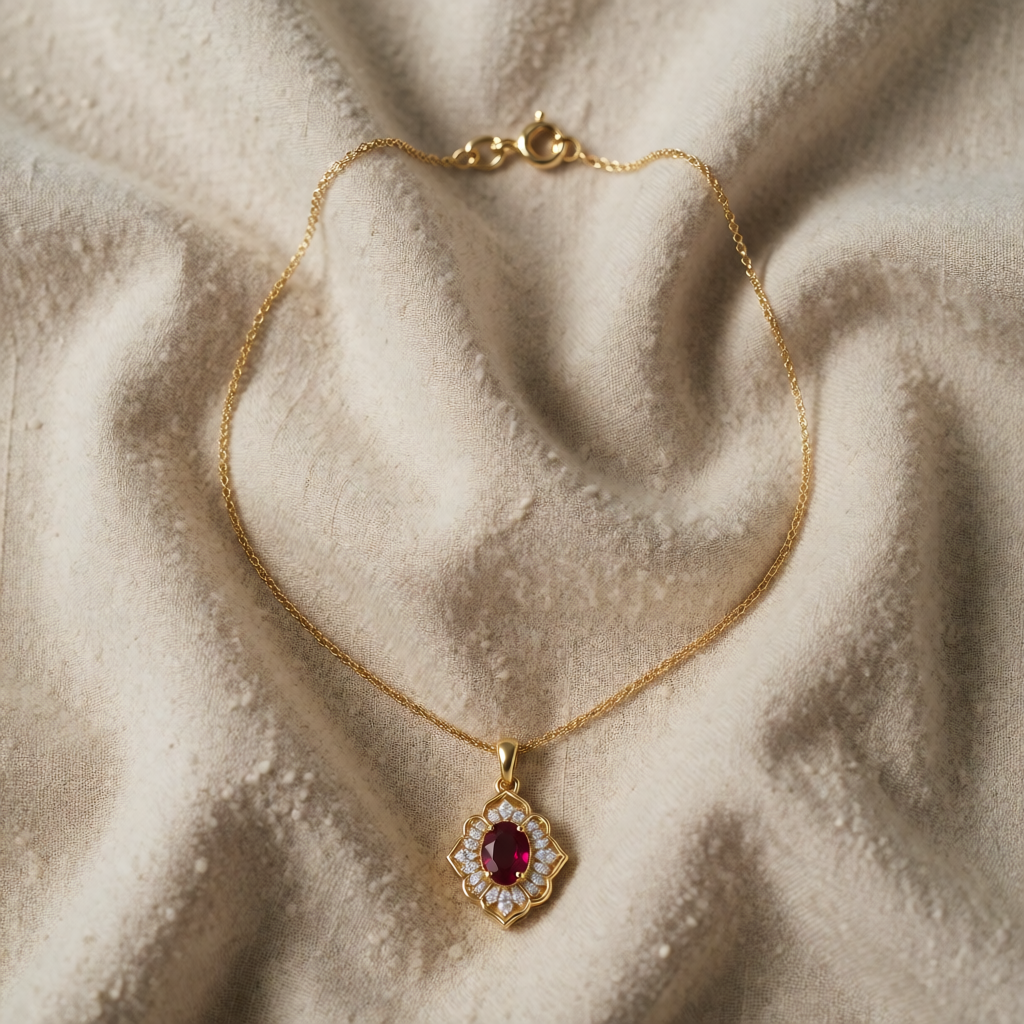 Collana con pendente floreale in oro e rubino