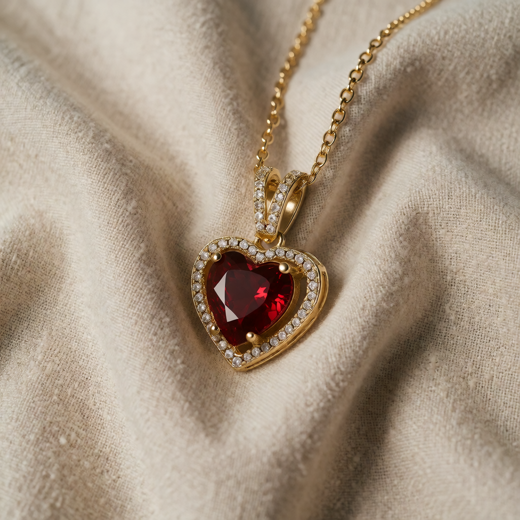 Collana con pendente a cuore in oro e rubino