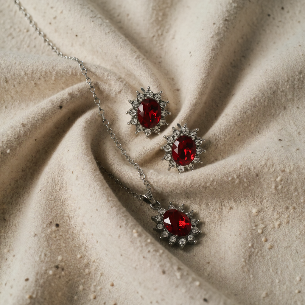 Set di gioielli in argento e rubino floreale