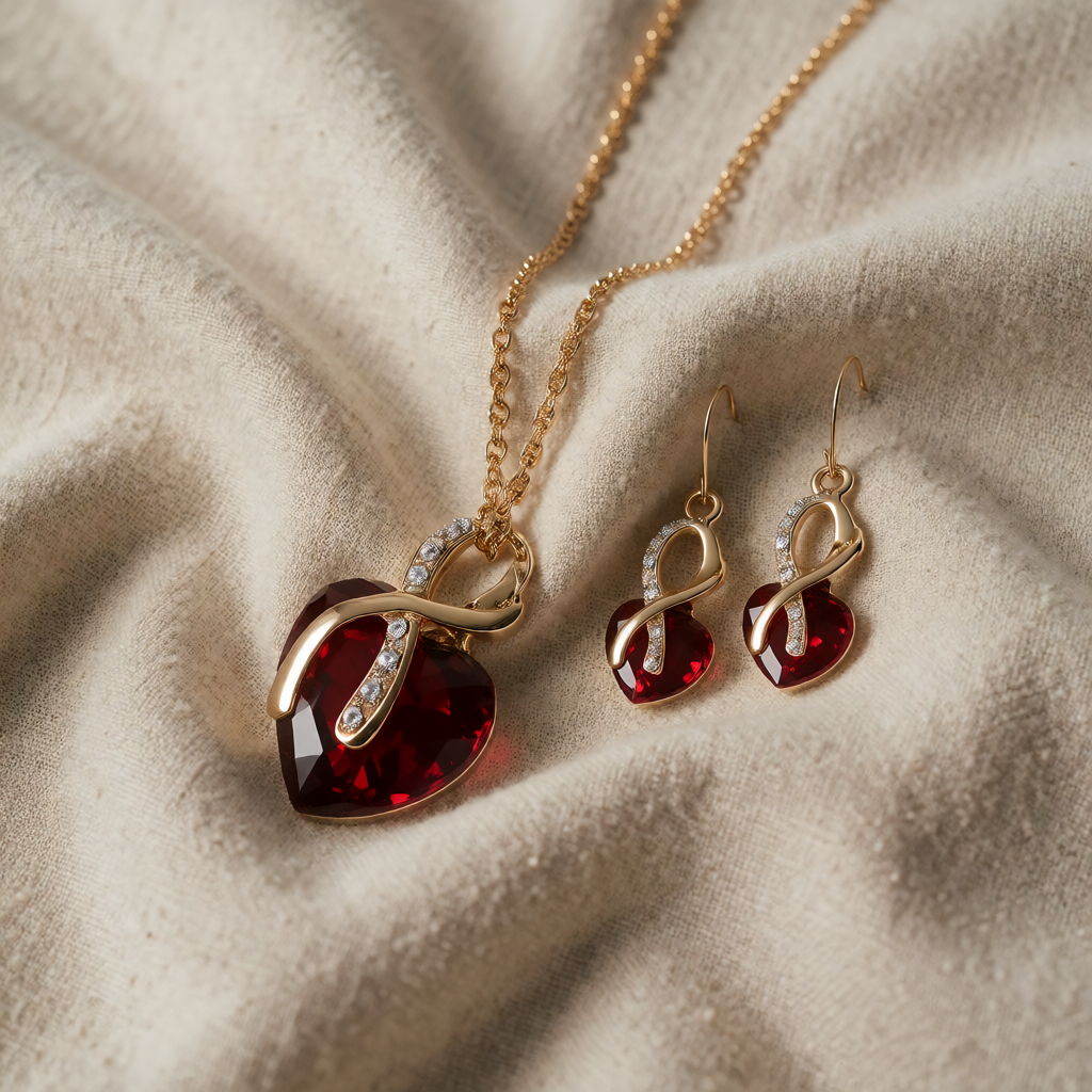 Set di Gioielli Cuore Intrecciato in Oro e Rubino