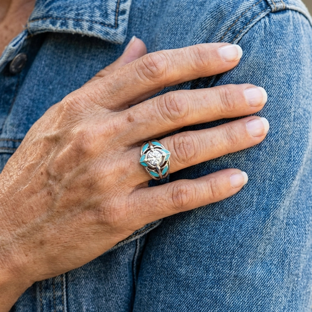 Anello Elegante Bohemien con Foglia Turchese e Zirconia Cristallina