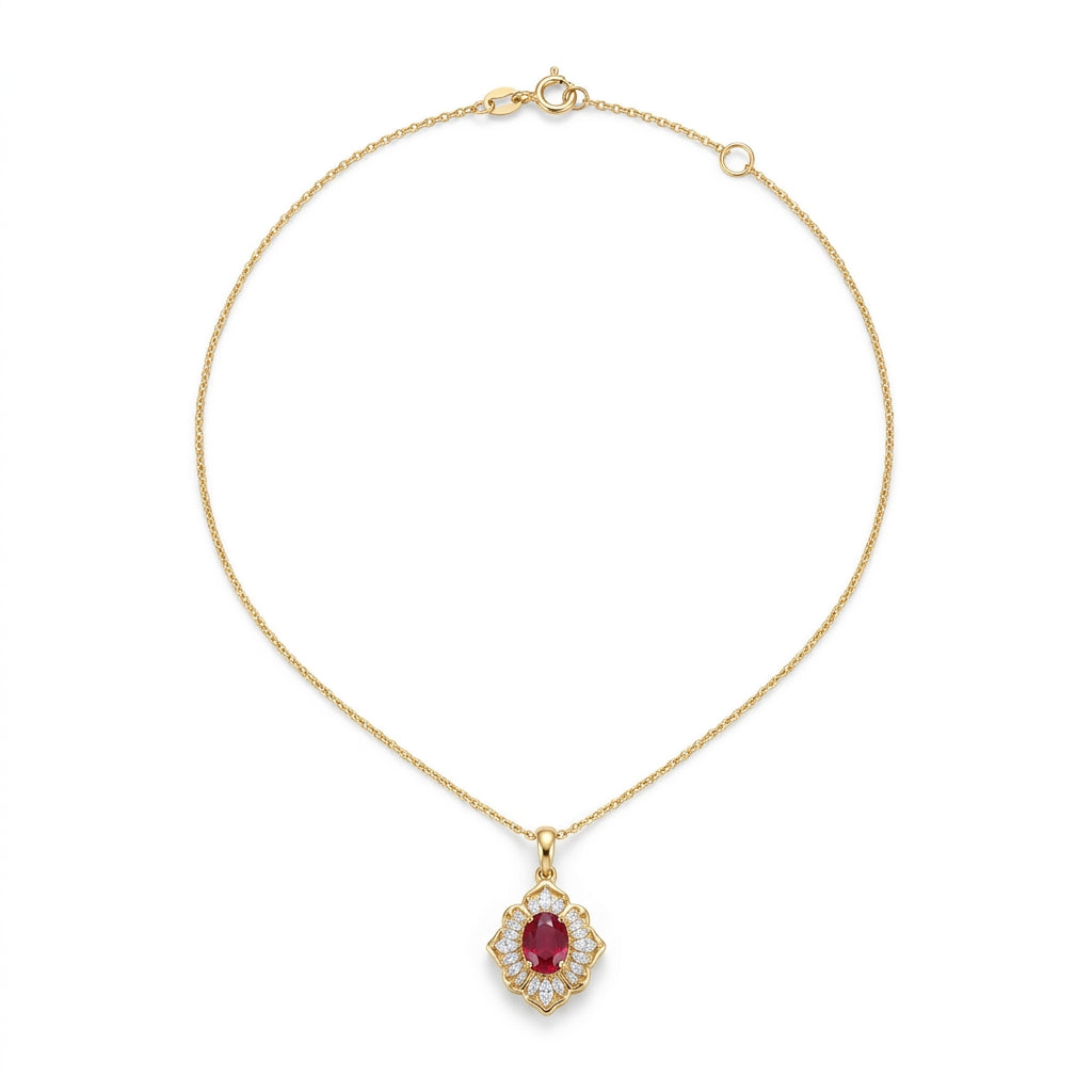 Collana con pendente floreale in oro e rubino