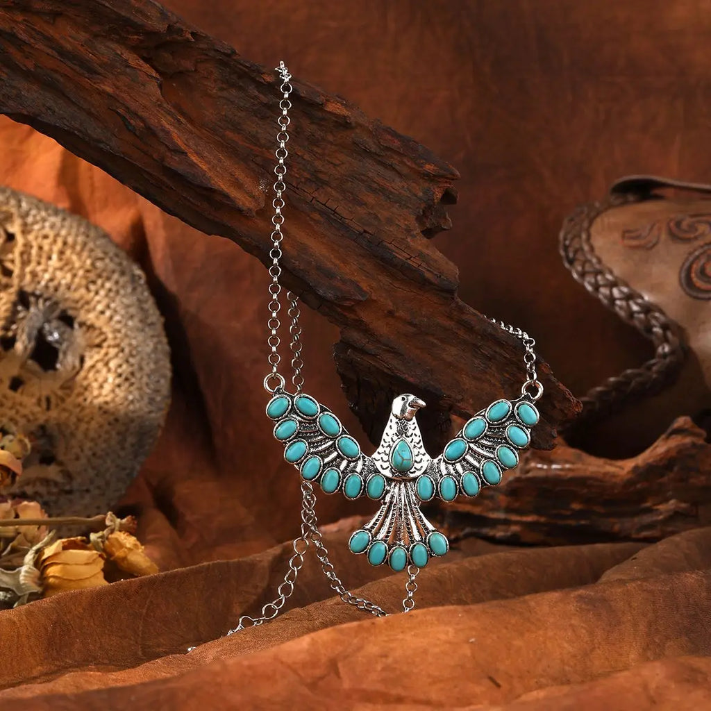 Collana con pendente ad aquila in turchese in stile bohemien sud-occidentale