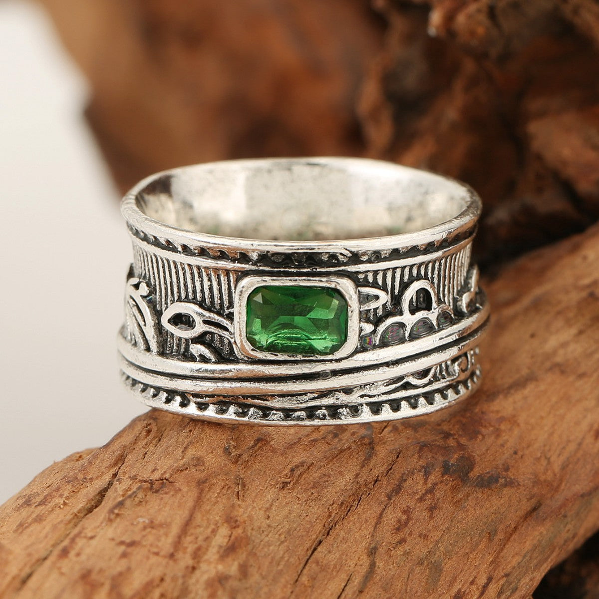 Anello Vintage Bohemien a Banda Larga Placcato Argento con Zirconia