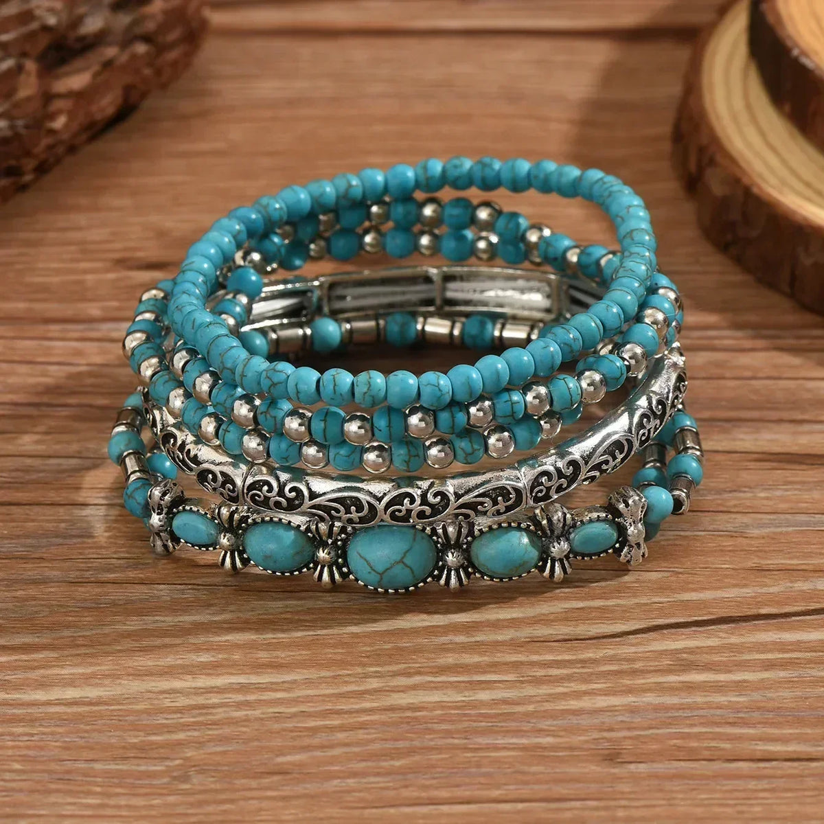 Set di Braccialetti Impilabili in Perline Turchesi Bohemien