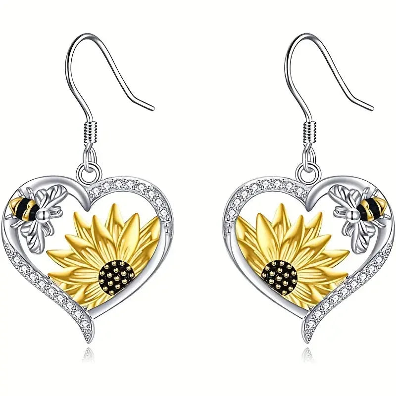 Orecchini Pendenti a Cuore Vintage Boho con Girasole e Ape