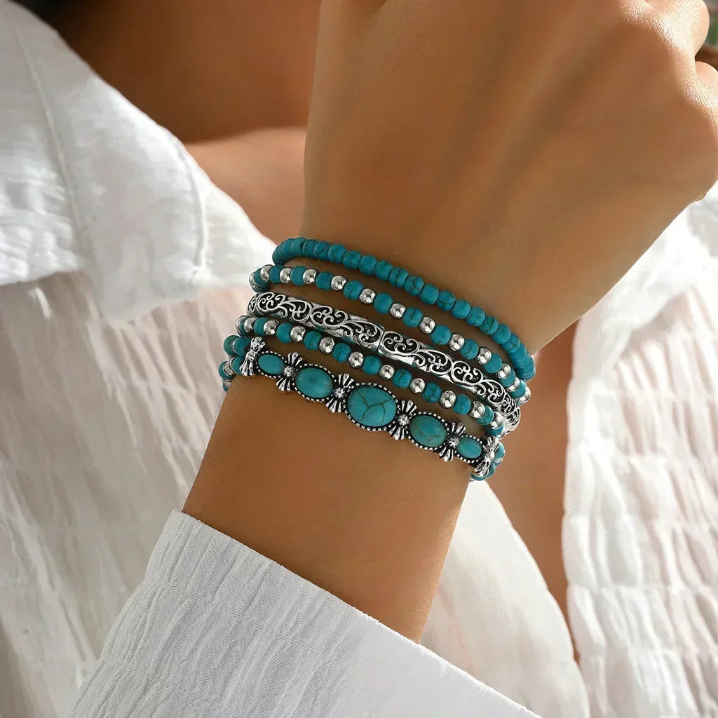 Set di Braccialetti Impilabili in Perline Turchesi Bohemien