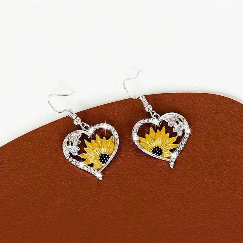 Orecchini Pendenti a Cuore Vintage Boho con Girasole e Ape