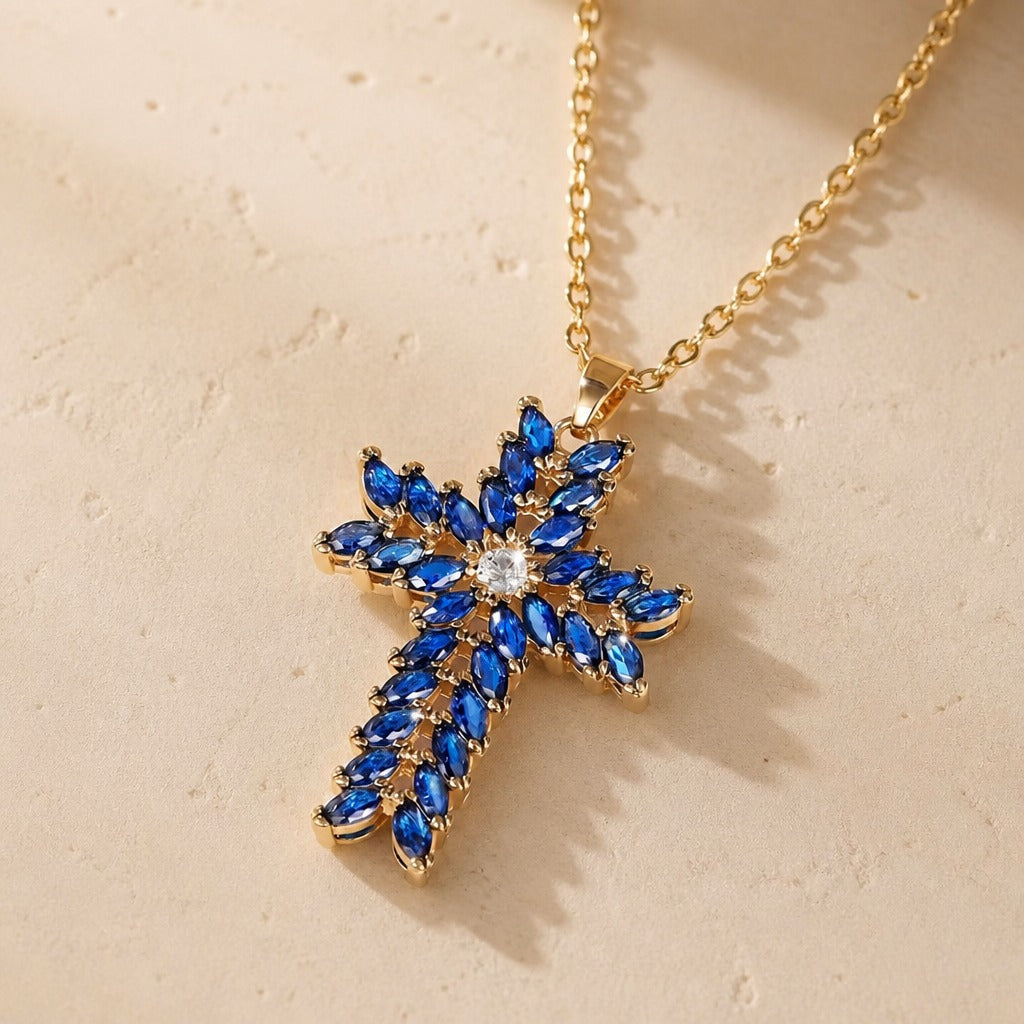 Collana con Pendente a Croce in Zirconi Blu