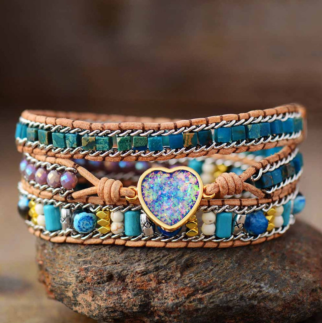 Bracciale in Pelle con Avvolgimento in Giada e Opale Boho