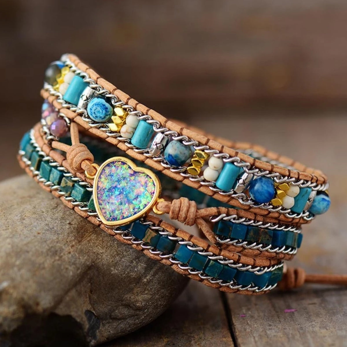 Bracciale in Pelle con Avvolgimento in Giada e Opale Boho