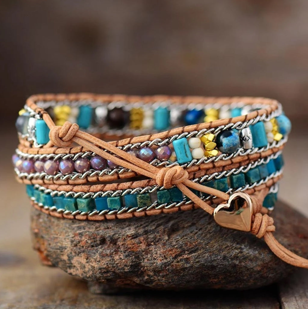 Bracciale in Pelle con Avvolgimento in Giada e Opale Boho