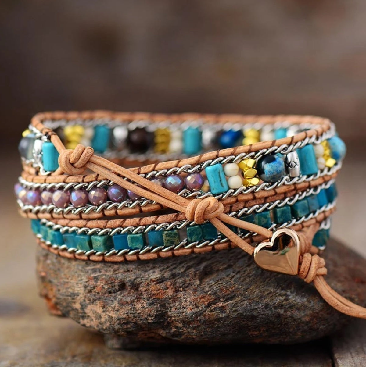 Bracciale in Pelle con Avvolgimento in Giada e Opale Boho