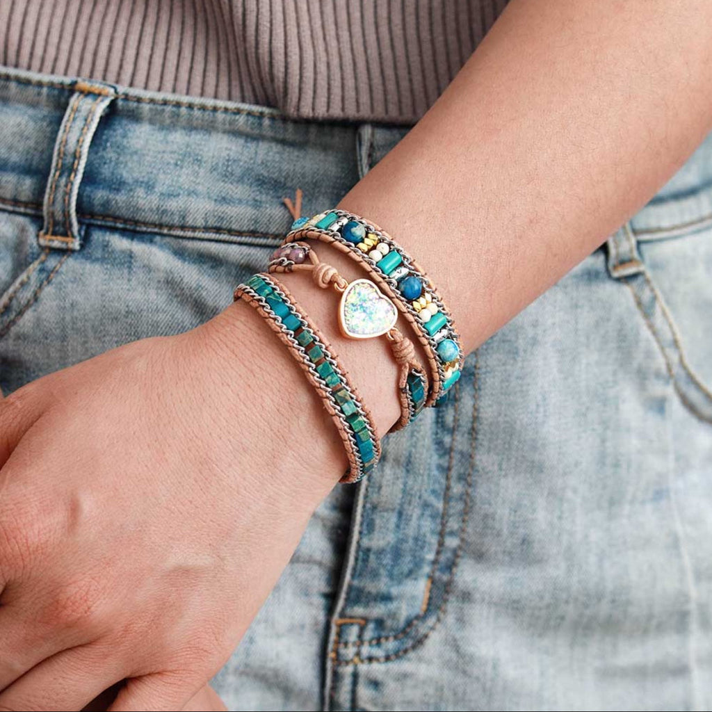 Bracciale in Pelle con Avvolgimento in Giada e Opale Boho