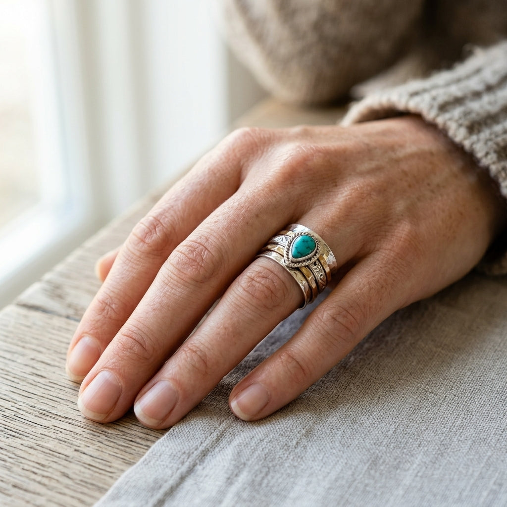 Anello in argento e oro con antico turchese