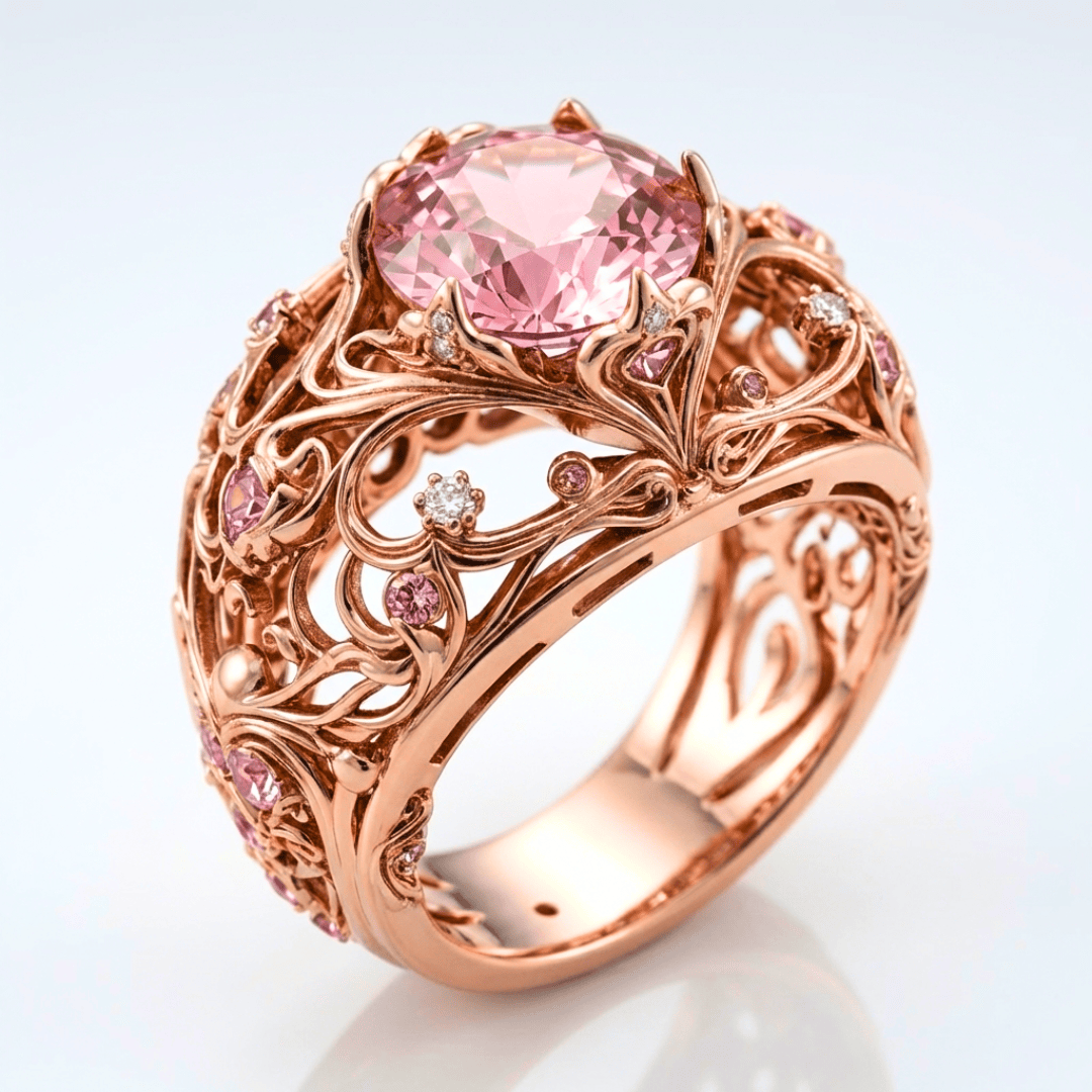 Mira™ - Anello Decorato in Oro con Tormalina Rosa