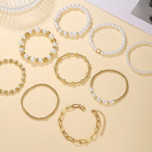 Set di 9 Braccialetti Impilabili in Perle Premium